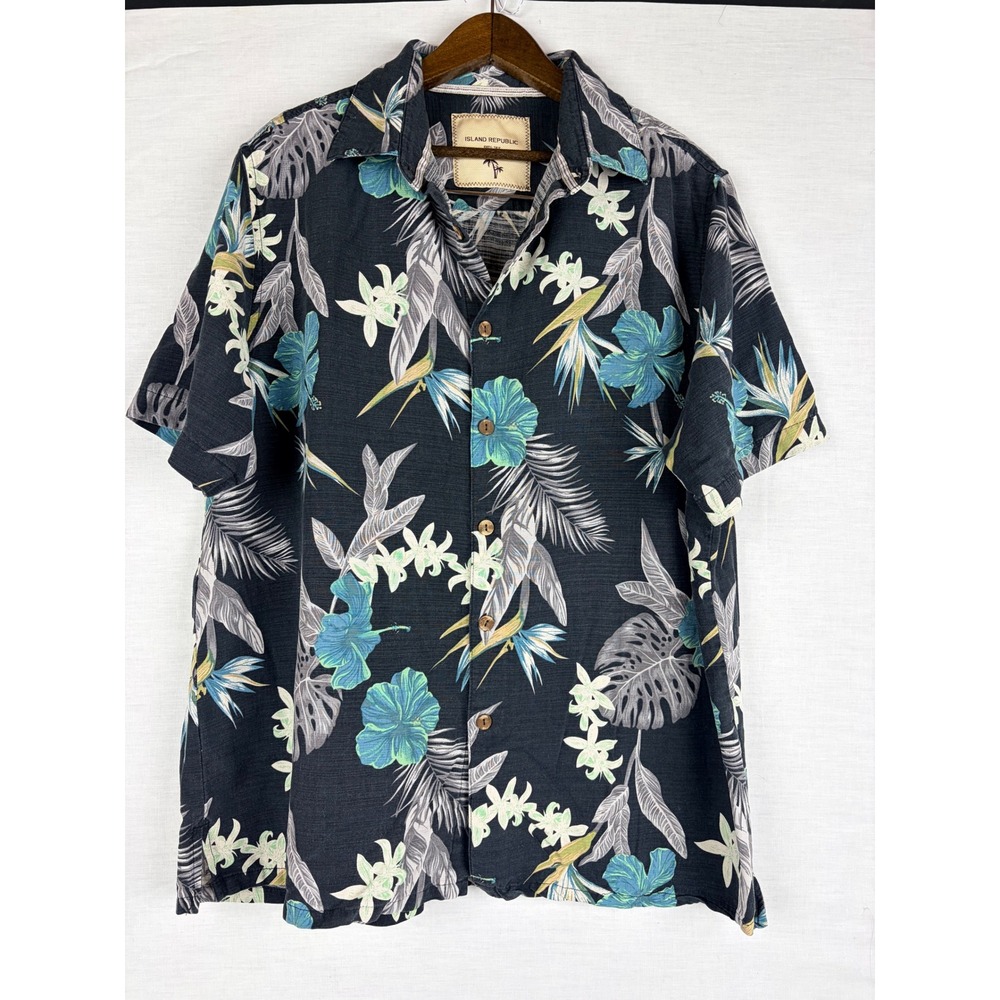 Island‎ Republic Mens XL Silk Tropical Floral Hawaiian Camp Shirt Blue Black - Picture 3 of 10